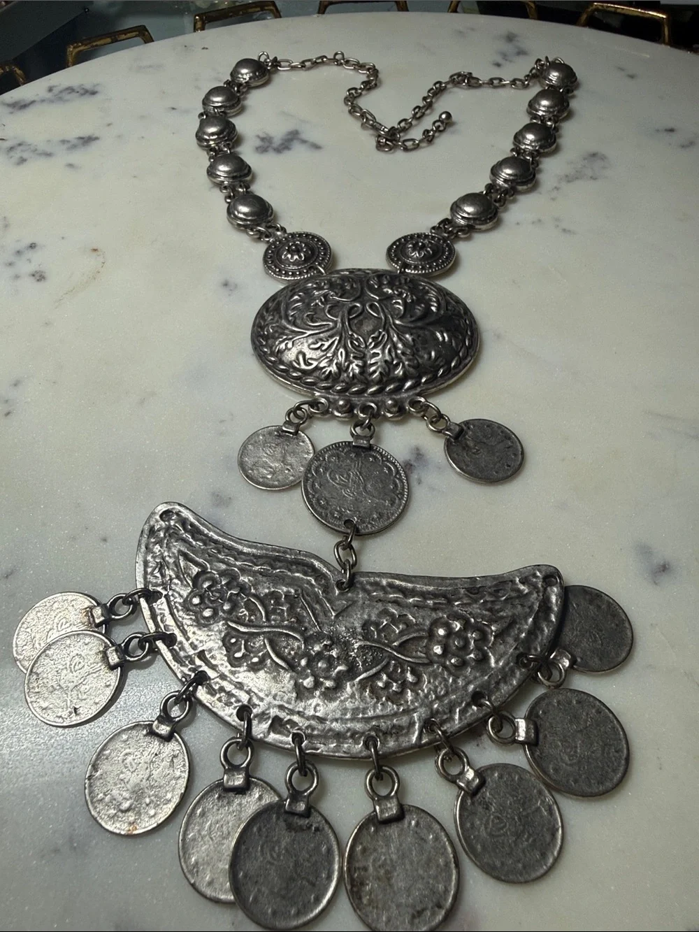 Antique-Style Silver Floral Coin Pendant Necklace - Women Jewelry